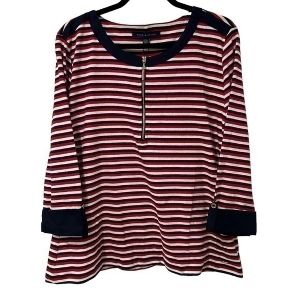 Tommy Hilfiger Womens Blouse Top 1/4 Zip Exposed Zipper Shirt Red White Blue XXL